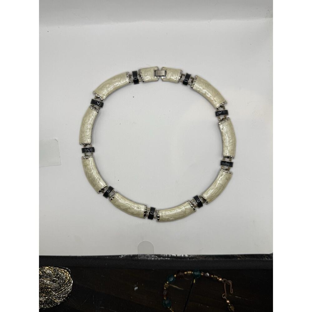 Vintage Enamel Segment Necklace Cream Black Statement Collar Chunky Retro Piece